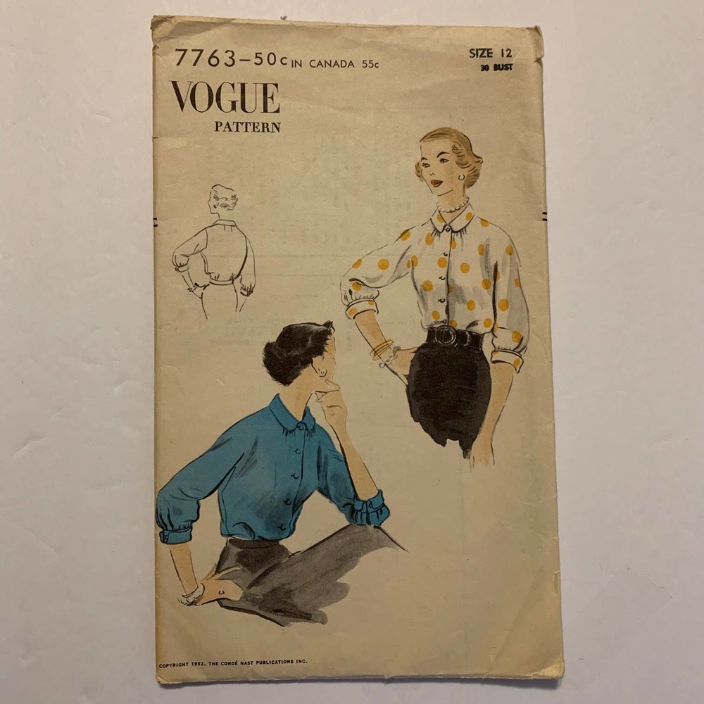 Vogue #7763‎ Vintage 1950's Blouse Pattern Women's Size 12